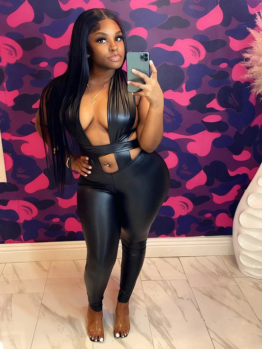 Wild Sexy PU Bandage Jumpsuit Women Backless Cross Hollow Sleeveless Hipster Street Clubwear Activity Workout Overalls