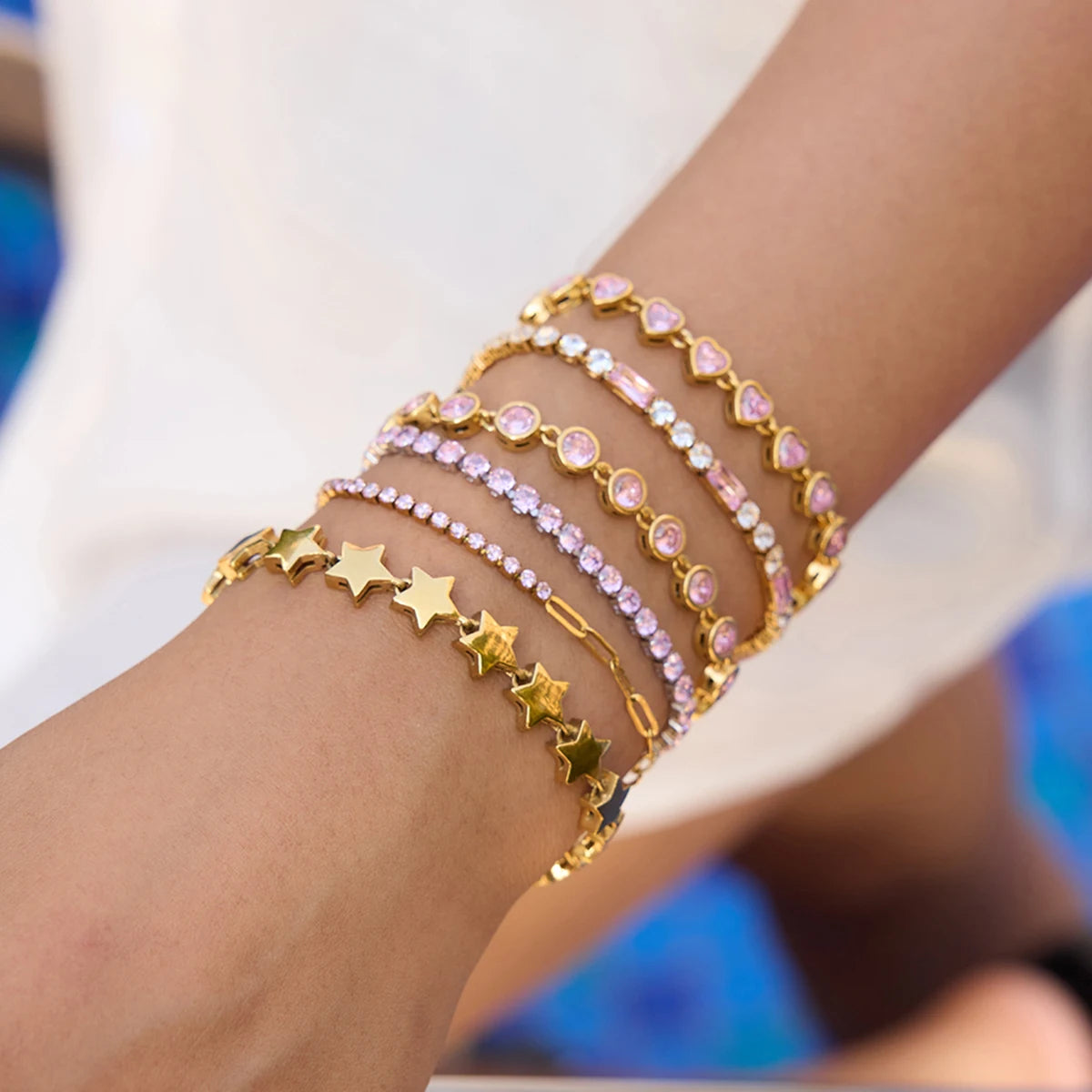 Zircon Star Metal Chain Bracelet Bangle Gold Plated Stainless Steel Watproof Summer Trendy Wrist Jewelry For Women