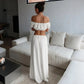 Womens Matching Sets White Off The Shoulder Puff Sleeve Crop Top and Matching Side-tie Skirt Co-ord Set