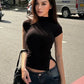 Side Button Slit Asymmetrical Crop Tops for Woman Sexy Short Sleeve Y2k T Shirt 2026 Summer Clothes