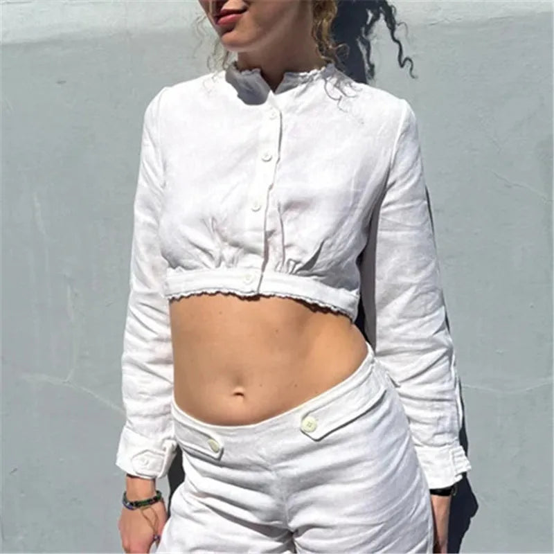 French Women White Cropped Shirt Long Sleeve Button Front Ruffle Edge Crop Top Casual Summer Beach Vacation Blouse