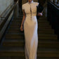 Bead Single-Breasted Dress Women Elegant Turtleneck Short Sleeve See Through Hem Basic Fashion Evening Party Vestidos