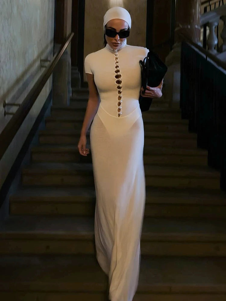 Bead Single-Breasted Dress Women Elegant Turtleneck Short Sleeve See Through Hem Basic Fashion Evening Party Vestidos