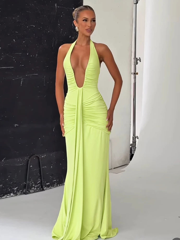 Backless Tassel Dress Women Peach Buttock Pleated Patchwork Solid Halter Sleeveless Midnight Clubwear Party Vestidos