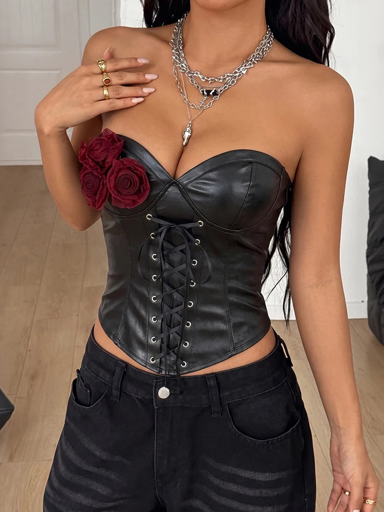 Wrap Chest Faux Leather Tank Tops Woman Sexy Rose Applique Shirring Backless Hot Girls Street Wild Style Classic Vests