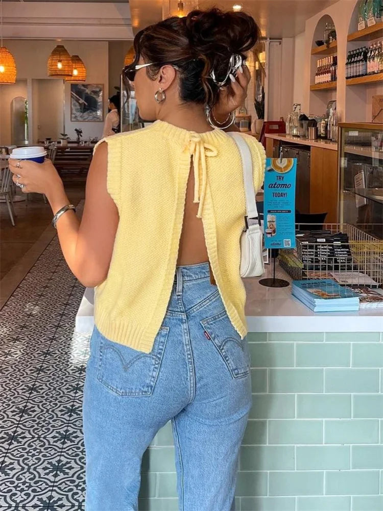 Lace-Up Back Split Tank Top Women 2025 O-Neck Knit Y2K Stretch Simple Solid Sexy Elegant Clubwear Skinny Summer Vest