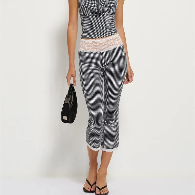 Women Y2K Gingham Cropped Flare Pants Lace Hem Capri Pants Plaid Checkered Low Rise Slim Fit Casual Streetwear Trousers