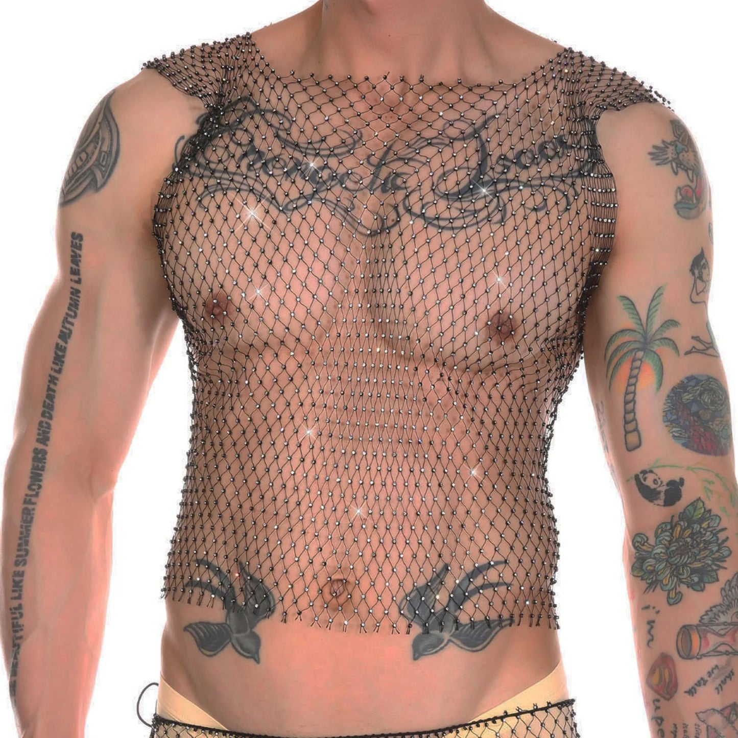 Men Fishnet Sexy Tank Tops Man Rhinestone Shiny See-Through Hollow Vest Mesh Sleeveless T-Shirt Transparent Clothing Clubwear