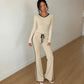 2 Piece Set Black Side Strip Long Sleeve Top and Flare Pants Sports Casual Fall Outfits Woman Loungewear Sets