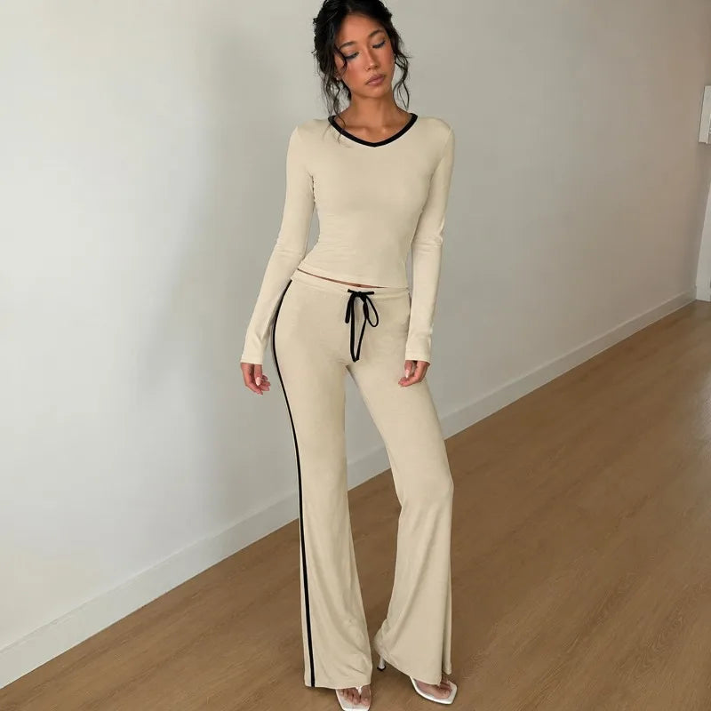 2 Piece Set Black Side Strip Long Sleeve Top and Flare Pants Sports Casual Fall Outfits Woman Loungewear Sets