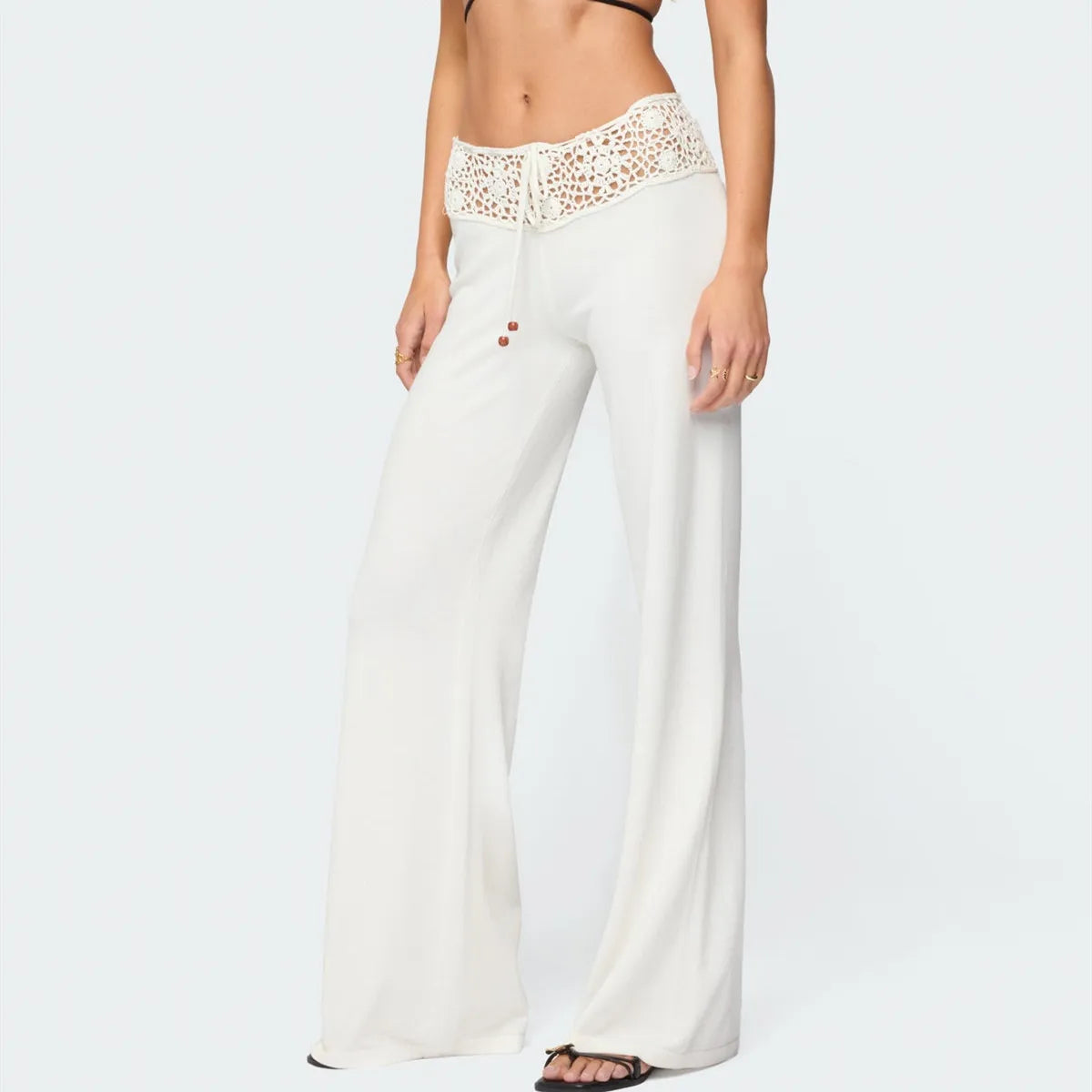 Women Crochet Knit Pants Y2k Low Waist Drawstring Cover Up Pant Sexy Wide Leg Stretchy Hollow Out Vacation Beach Pants