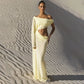 Transparent Chiffon One Shoulder Cut Out Long Sleeve Maxi Dress Woman Elegant Yellow Black Evening Dresses