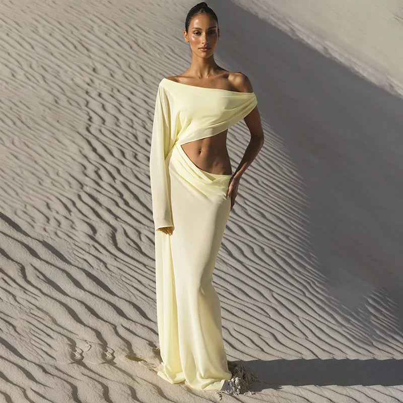 Transparent Chiffon One Shoulder Cut Out Long Sleeve Maxi Dress Woman Elegant Yellow Black Evening Dresses