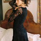 Women Black Lace Long Sleeve Mini Dress Deep V‑Neck Ruched Side Slit Bodycon Dresses Evening Party Clubwear Outfit