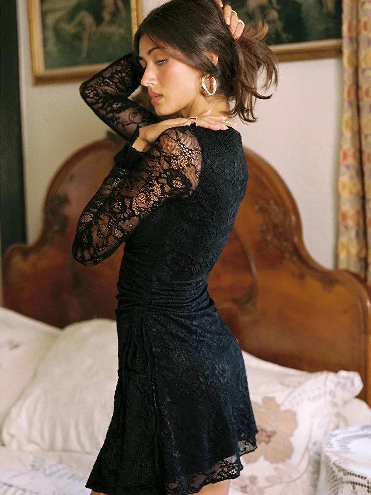 Women Black Lace Long Sleeve Mini Dress Deep V‑Neck Ruched Side Slit Bodycon Dresses Evening Party Clubwear Outfit