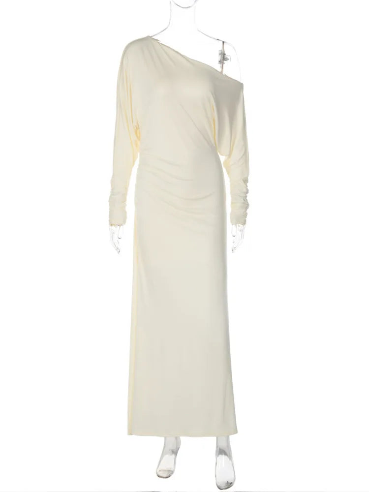 Women Elegant Off Shoulder Sexy Maxi Dress Batwing Long Sleeve Ruched Bodycon Dress Evening Party Wedding Guest Dress