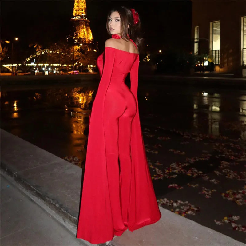 Red One Piece Women Jumpsuit Elegant Sexy Winter Outfits Woman Party Night Club Long Sleeve Flare Jumpsuits