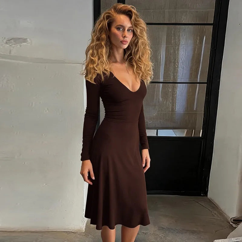 Elegant Brown V Neck Long Sleeve Midi Dress Fall 2026 Women's Casual Dresses