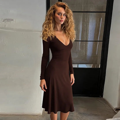Elegant Brown V Neck Long Sleeve Midi Dress Fall 2026 Women's Casual Dresses