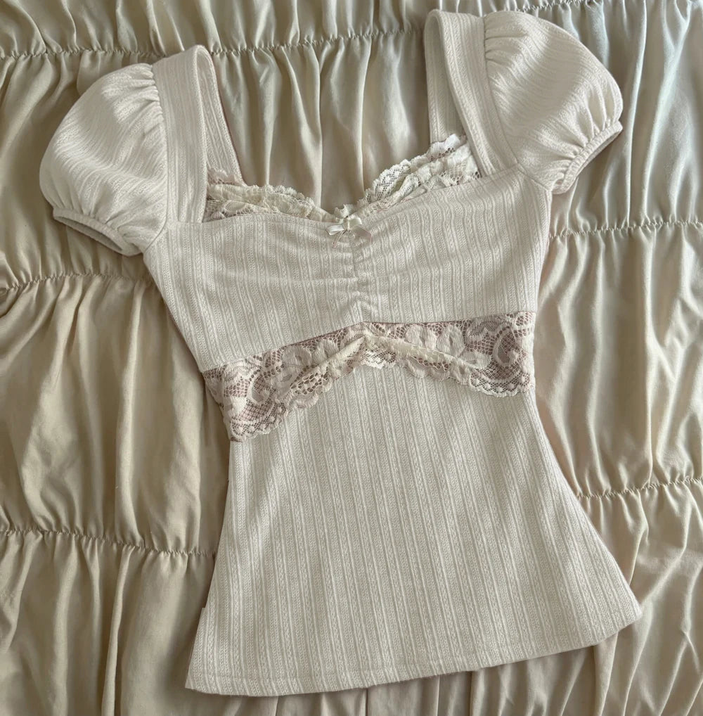 Women Summer Lace Patchwork Coquette Shirt Short Sleeve Y2k Grunge Tops Ribbed Knit Slim Fit 2000s Aesthetic Clothes