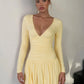 Deep V Neck Long Sleeve Dresses Sexy Outfits Women Fall 2025 Elegant Yellow Pleated Mini Dress