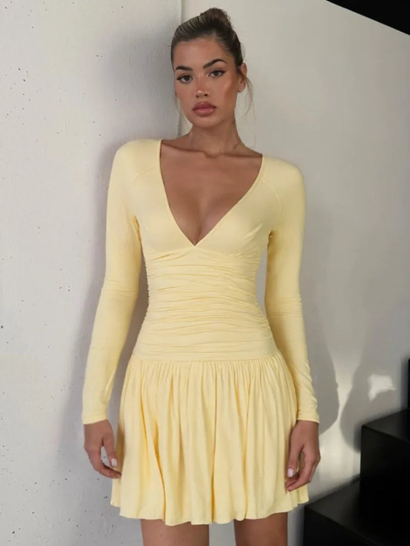Deep V Neck Long Sleeve Dresses Sexy Outfits Women Fall 2025 Elegant Yellow Pleated Mini Dress
