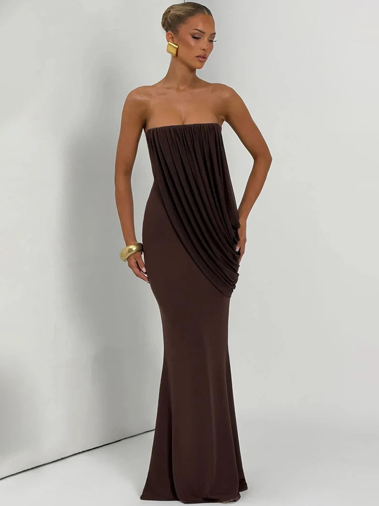 Strapless Draped Sexy Maxi Dress Elegant Bodycon Long Evening Party Dress Sleeveless Pleated Formal Wedding Guest Dress