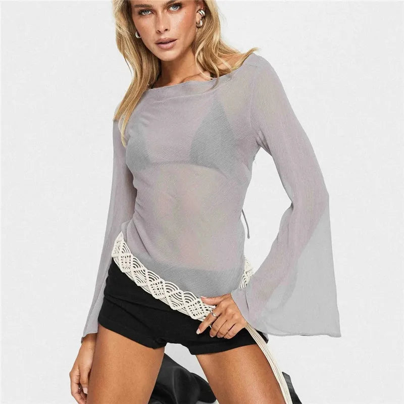 Women's Sheer Mesh Cover Up Top Long Flare Sleeve Backless Tie Open Back Asymmetrical Hem Beachwear Blouse
