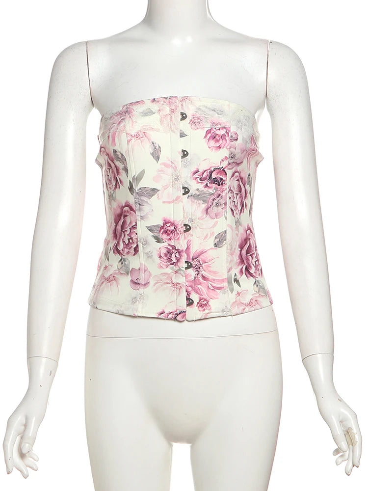 Flower Print 2-Piece Set Women Y2K Single-Breasted Metal Buckle Wrap Top+Lace Folds Hem Skirt Sweet Matching Suits