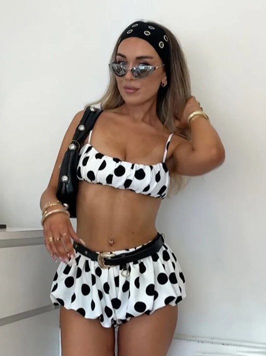 Polka Dot Print 2 Piece Set Women Fashion Ruched Bra Camisole+Elastic Waist Mini Shorts Sexy Beach Vacation Clubwear