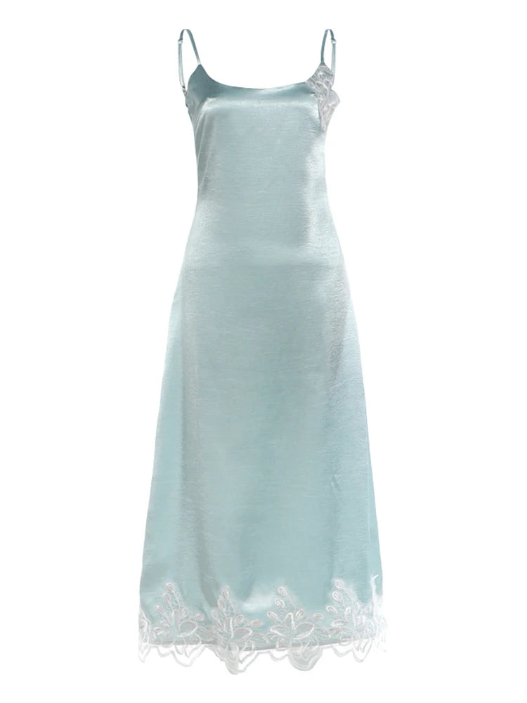 Patchwork Satin Lace Maxi Dress Women Low-Neck Sleeveless Skinny Elegant Vacation Prom Party Classic Chic Vestidos