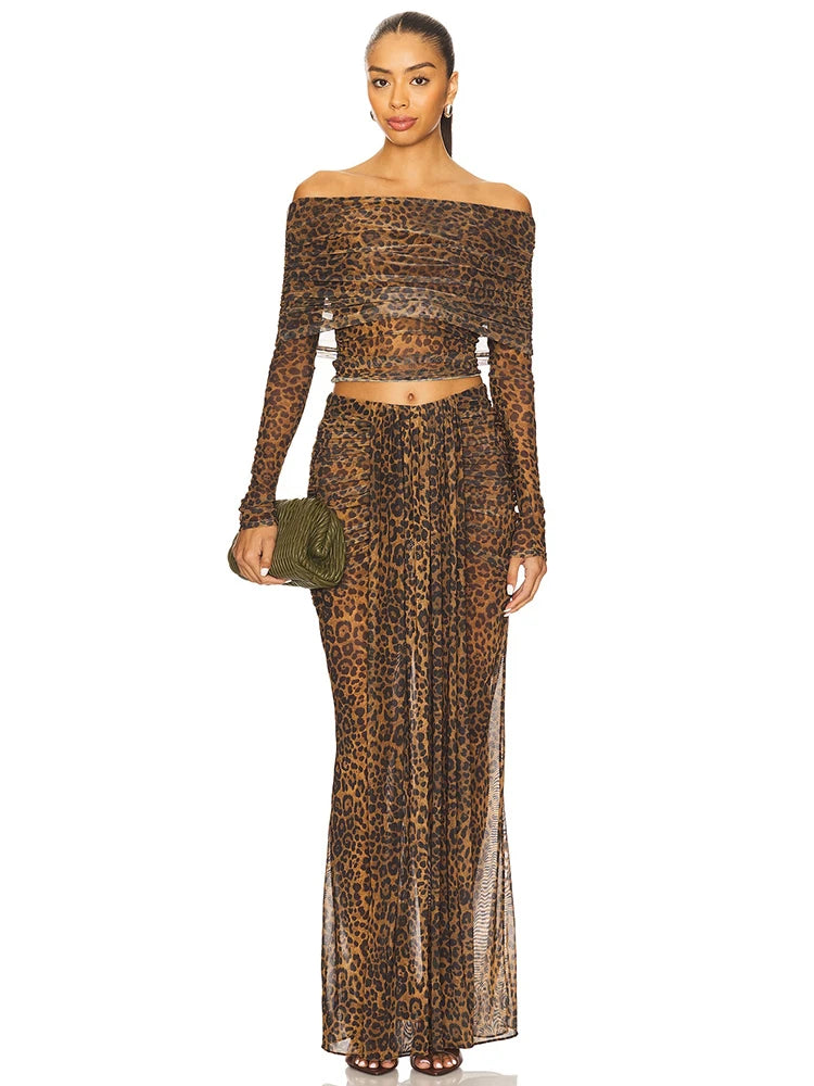 Leopard Print Two Piece Set Women Long Sleeve Strapless Top And Maxi Skirt Matching Sets Female Elegant Print Dress Set
