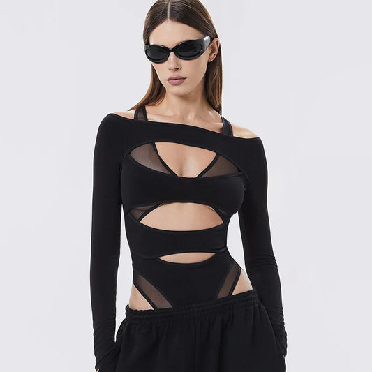 Cut Out Long Sleeve Thong Bodysuit Women Tshirt Black White See Through Mesh Patchwork Sexy Going Out Top