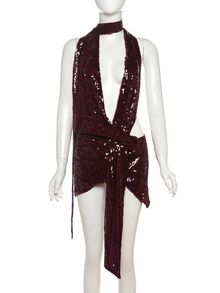 Shiny Sequins Dress Women Halter Scarf+Sexy Deep V-Neck Backless Sleeveless Ruched Ribbon Club Coquettish Outfits