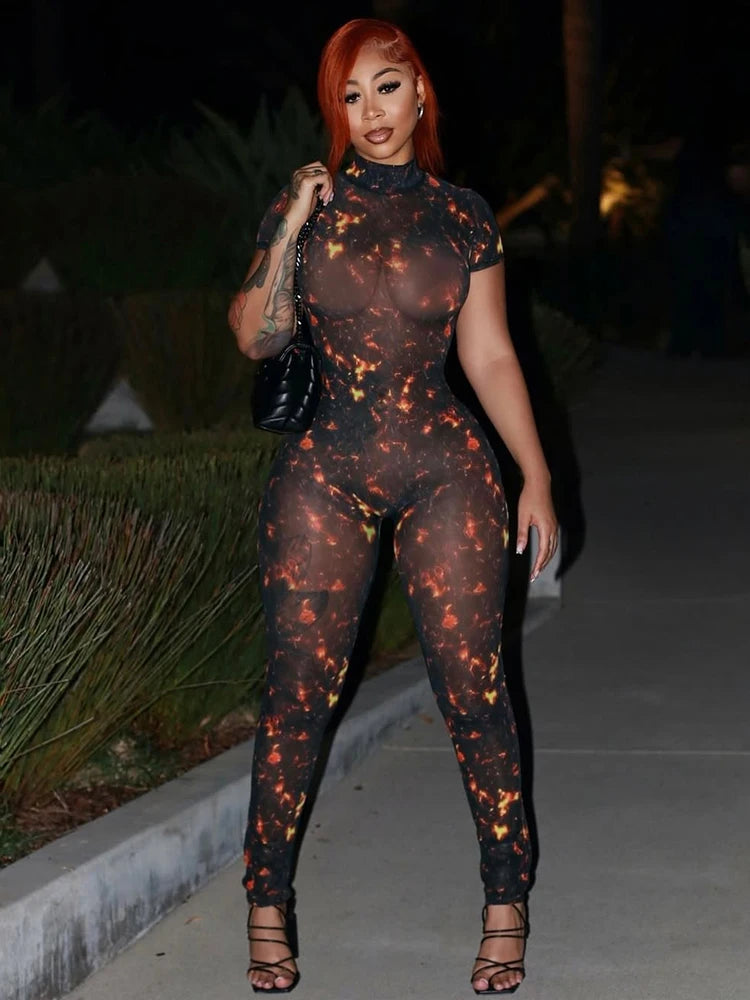 See Through Jumpsuit Women Coquette Summer Backless Peach Buttocks Colorful Print Tight Activity Clubwear Overalls