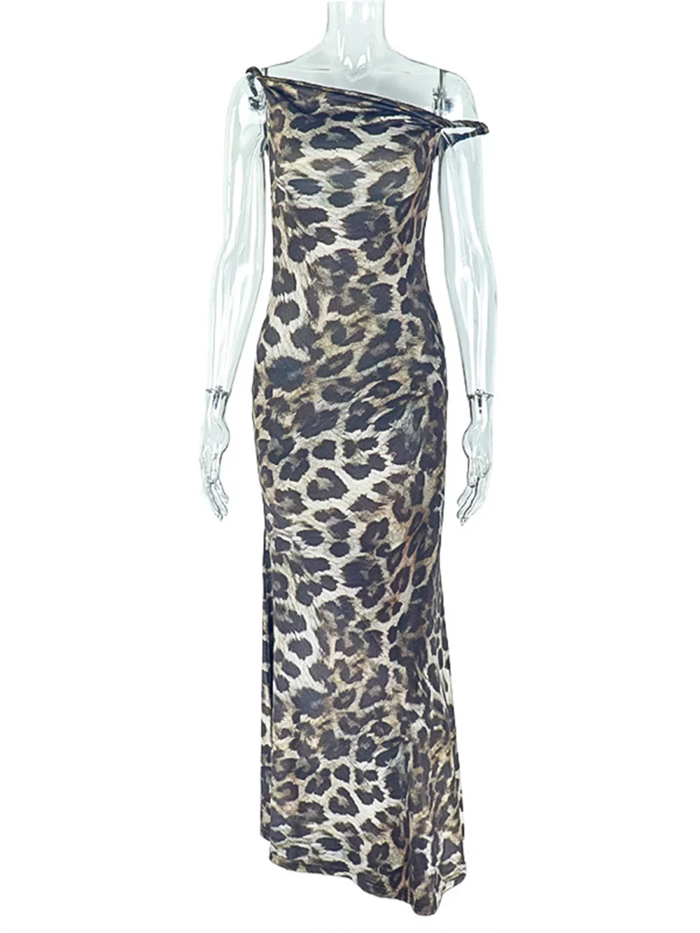 Swing collar Dress Women Sexy Leopard Print Slanted Shoulders Midnight Party Clubwear Stretch Skinny Long Bodycon