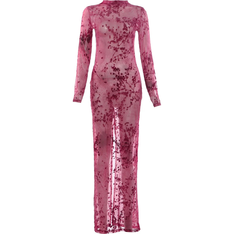 Turtleneck Flower Jacquard Dress Women Fashion See Through Full Sleeve Stretch  Chic Sexy Trend  Party Club Long Bodycon