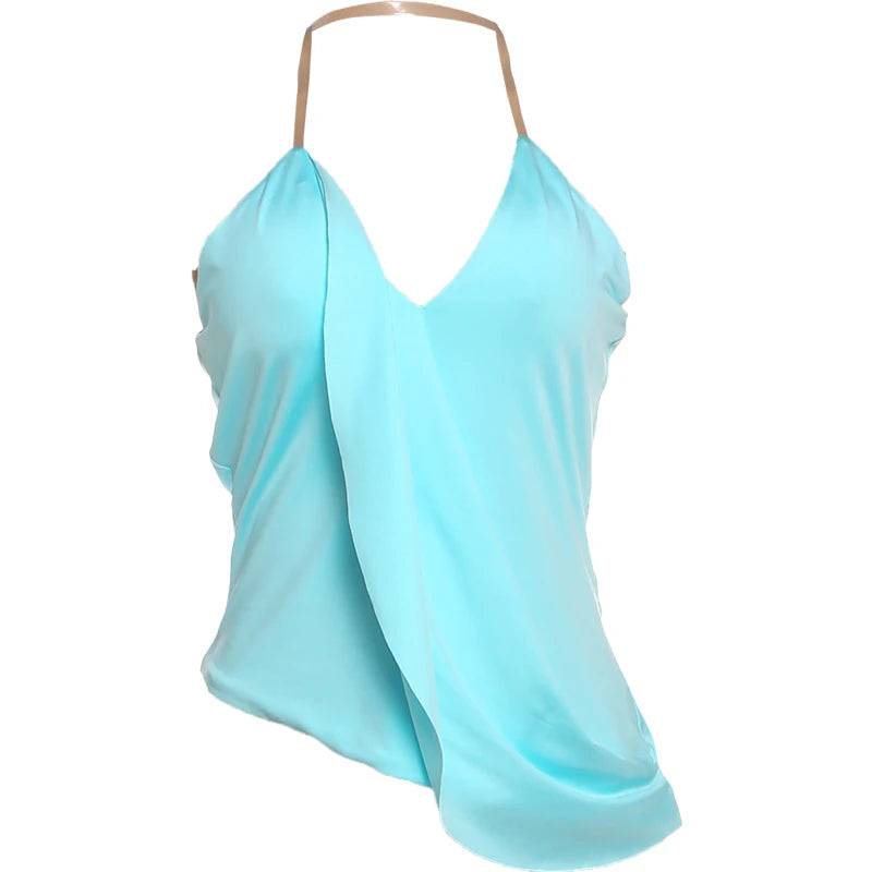 Backless Vest Women Halter v-Neck Asymmetrical Hem Skinny Sexy Hottie Midnight Music Festival Summer Trend Streetwear