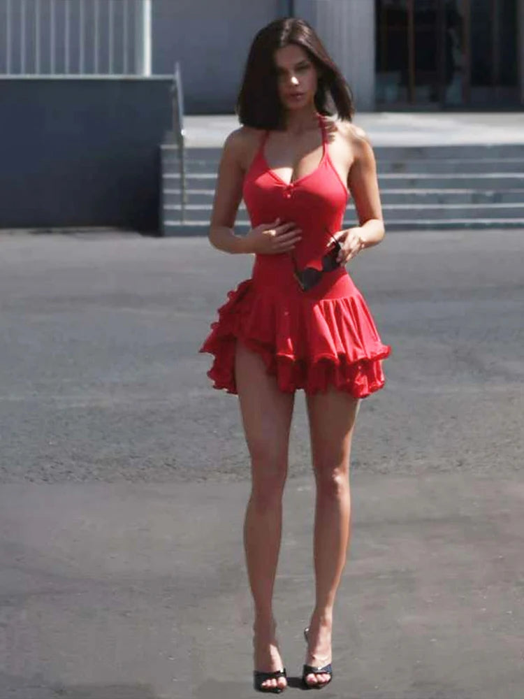 Buttons Tierred Dress Women Y2K Irregular Halter Backless Low-Neck Split Folds Skinny Summer Trend Birthday Bodycon