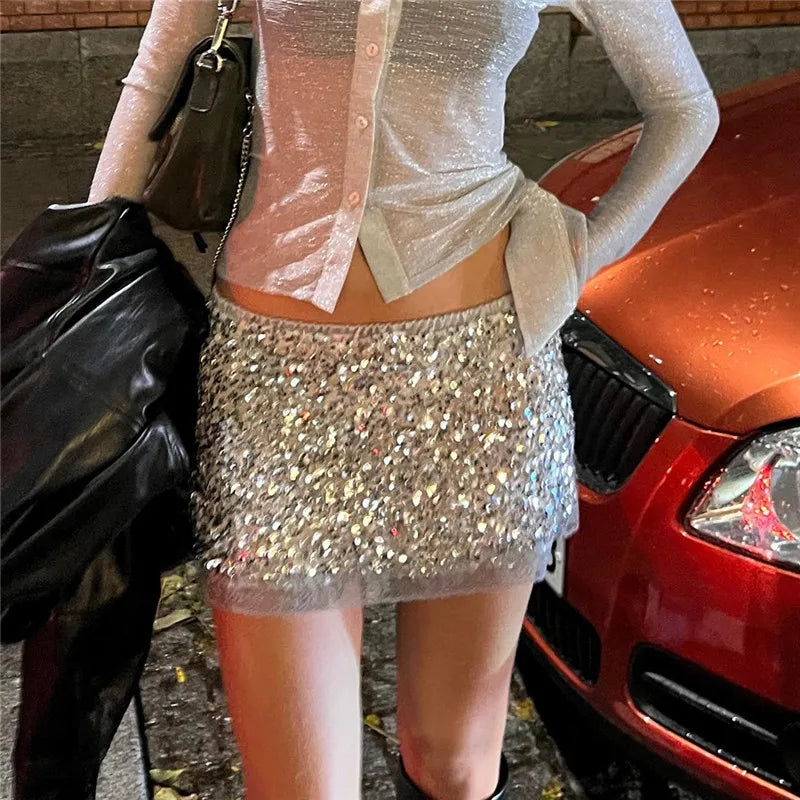 Women Y2K Sequin Mini Skirt Lace Trim Elastic Waist Low Rise Bodycon Micro Short Skirt Club Party Festival Skirts