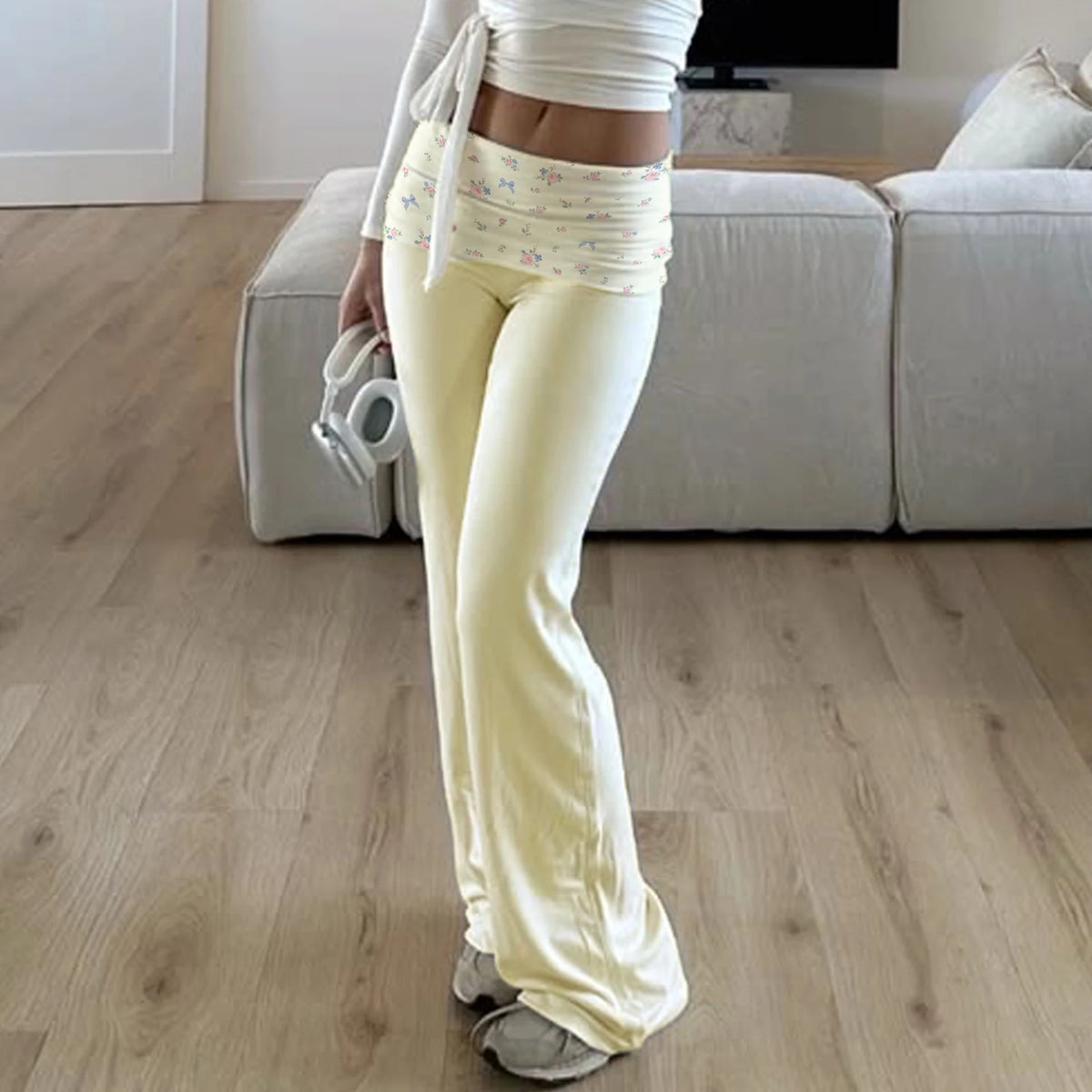 Women Lounge Pants Printed Fold Over Elastic Waist Wide Leg Pants Comfy Casual Loose Fit Trousers Homewear Bottoms