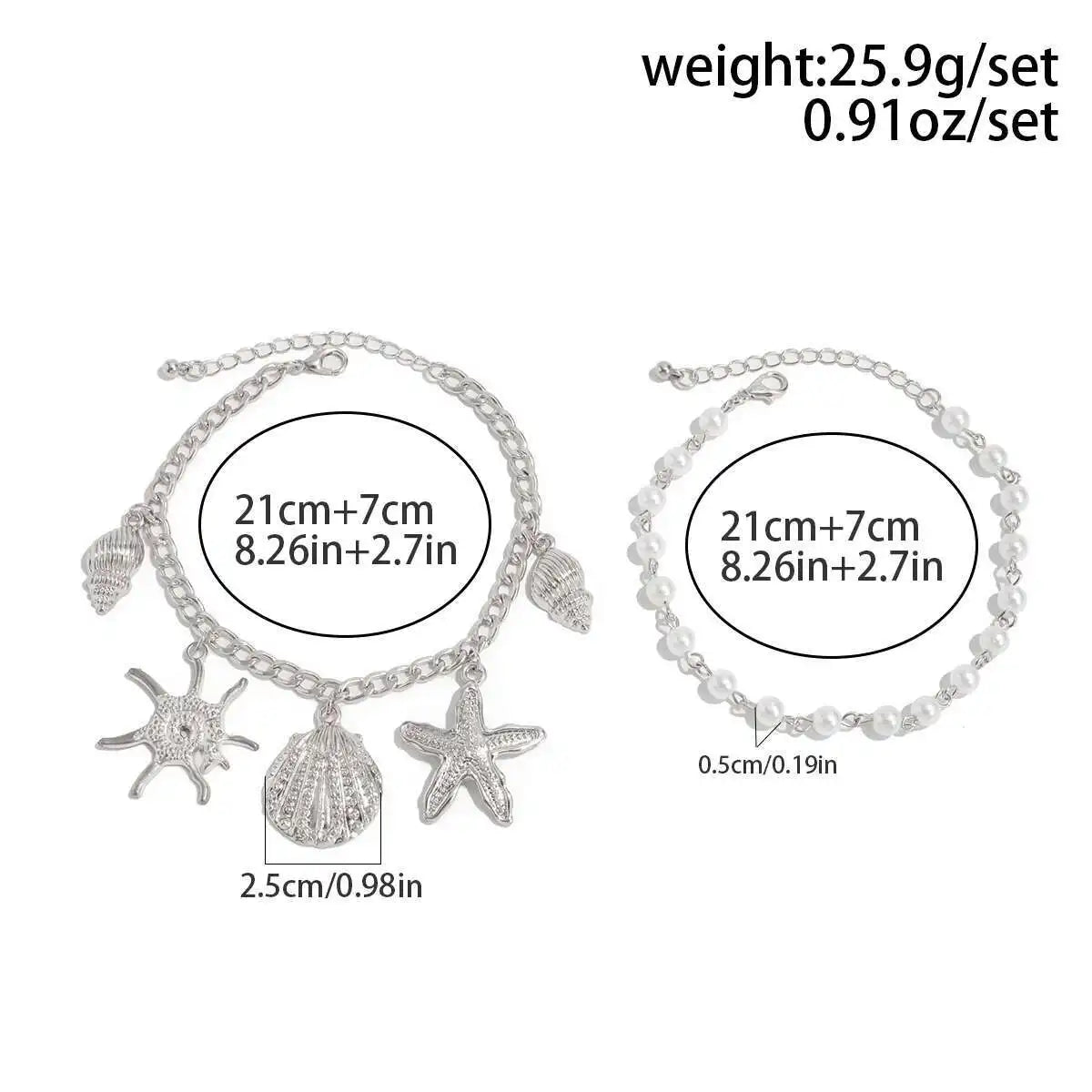 2Pcs/Set Summer Beach Barefoot Charm Anklets Women Bohemia Imitation Pearl Starfish Conch Pendant Foot Chain Jewelry