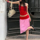 Color Blocking 2-Piece Set Women Low-Neck Skinny Camisole+Patchwork Elastic Waist Skirt Street Vacation Streetwear