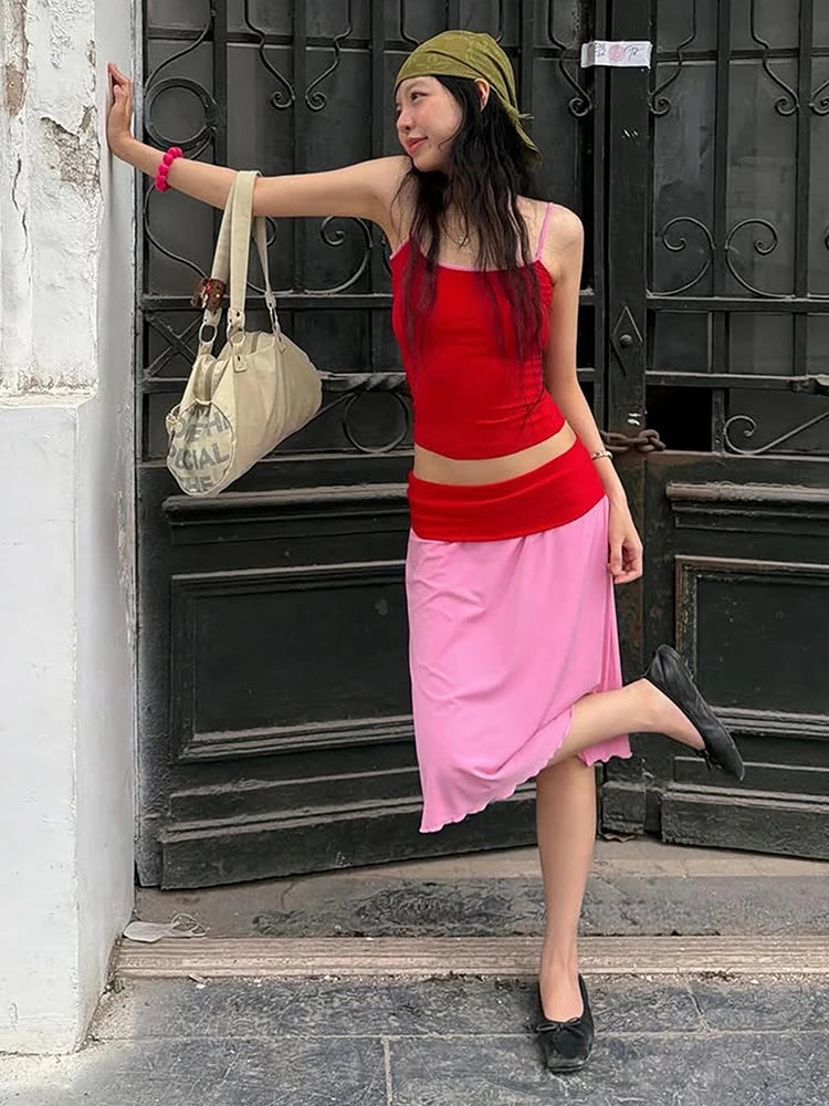 Color Blocking 2-Piece Set Women Low-Neck Skinny Camisole+Patchwork Elastic Waist Skirt Street Vacation Streetwear
