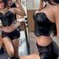 Sexy Punk Pu 2-Piece Set Women Irregular Corset Top+Skinny Zip Shorts Matching Simple Hottie High Street Hipster Clubwear