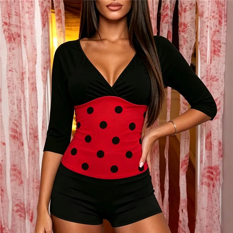 Women V Neck 3/4 Sleeve Crop Top Polka Dot Ladybug Print Color Block Slim Fit Halloween Cosplay Party Short Top