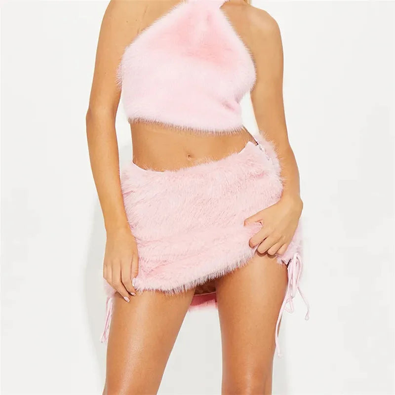 Furry Mini Skirts Women Tie Side High Street Sexy Midnight Hottie Fashion Wild Party Simple Classic Autumn Winter Bottom