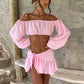 White Beach Vacation Outfits Two Piece Set Off Shoulder Long Sleeve Crop Top and Mini Skirt Woman Co Ord Sets