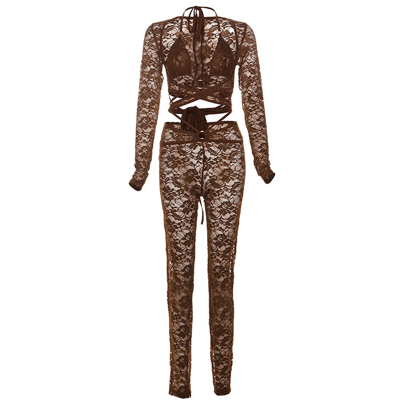 Jacquard Ring Patchwork 3 Piece Set Women Lace-up Halter Bar+Full Sleeve Shawl+Skinny Straight Pants See through Suit