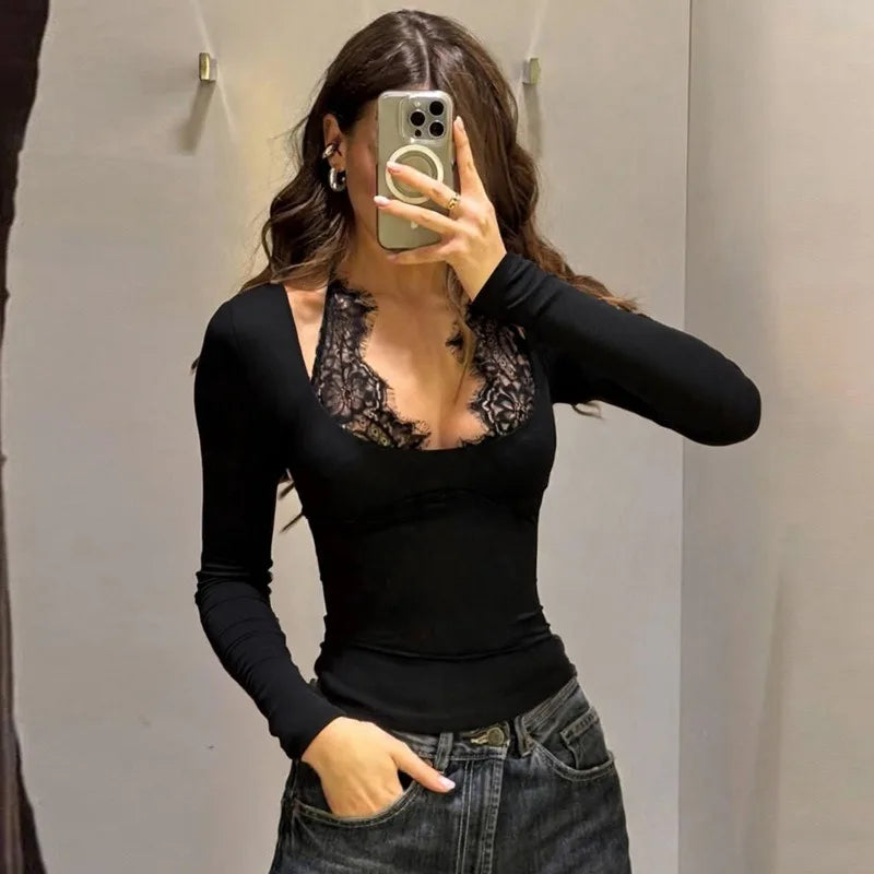 Lace Trim Halter Neck Long Sleeve Slim-fit Top Fashion 2026 Fall Shirts Woman Clothing
